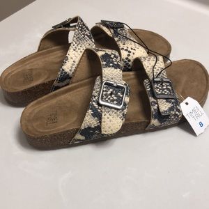 Time and Tru Cream and Black Snake Print Buckle Sandals